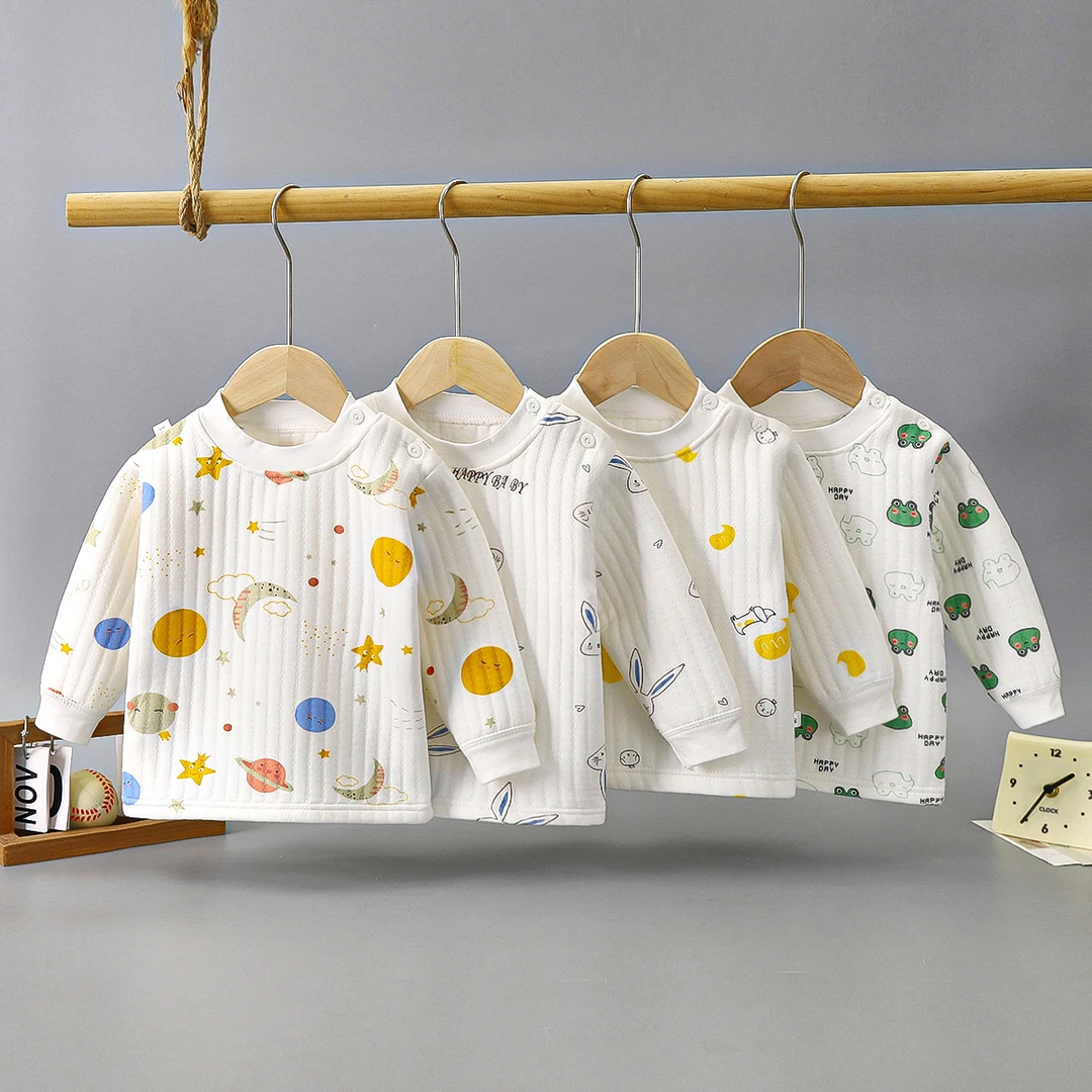 宝宝三层保暖上衣男童女童秋冬内衣婴幼儿夹棉秋衣儿童加棉打底衣