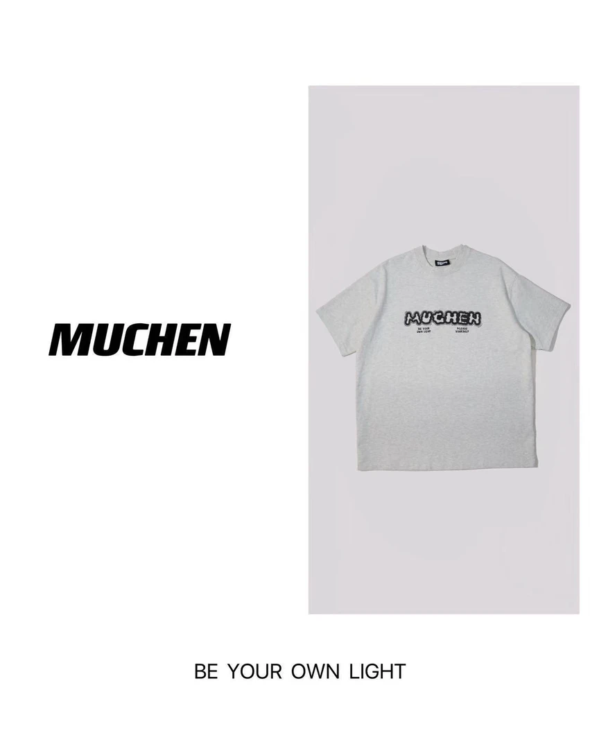 MUCHEN【复合字母】厚板印花宽松重磅360g刷毛短袖T恤小领口情侣款
