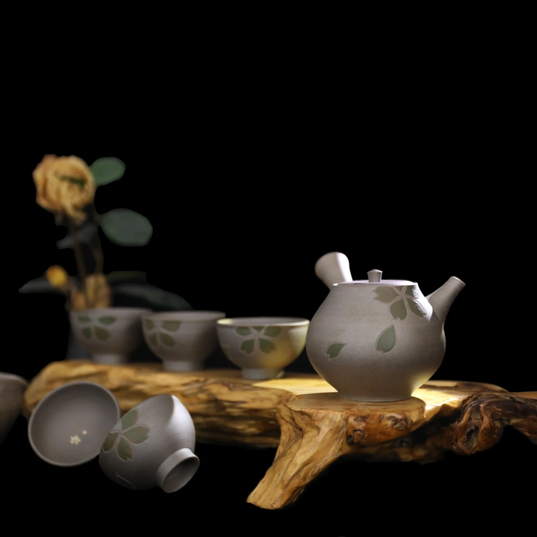 常滑烧急须 青峰 定制款樱花7点套组250ml纯手工侧把茶壶茶具现货