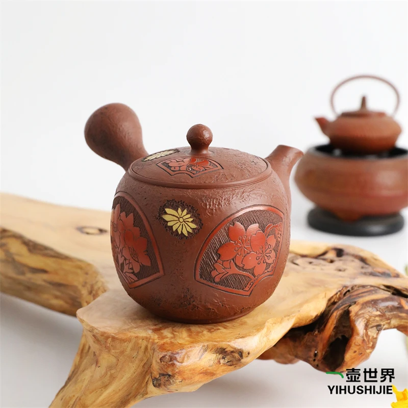 常滑烧急须 宗则 茶泥 菊扇花雕 190ml 纯手工日式侧把陶茶壶现货