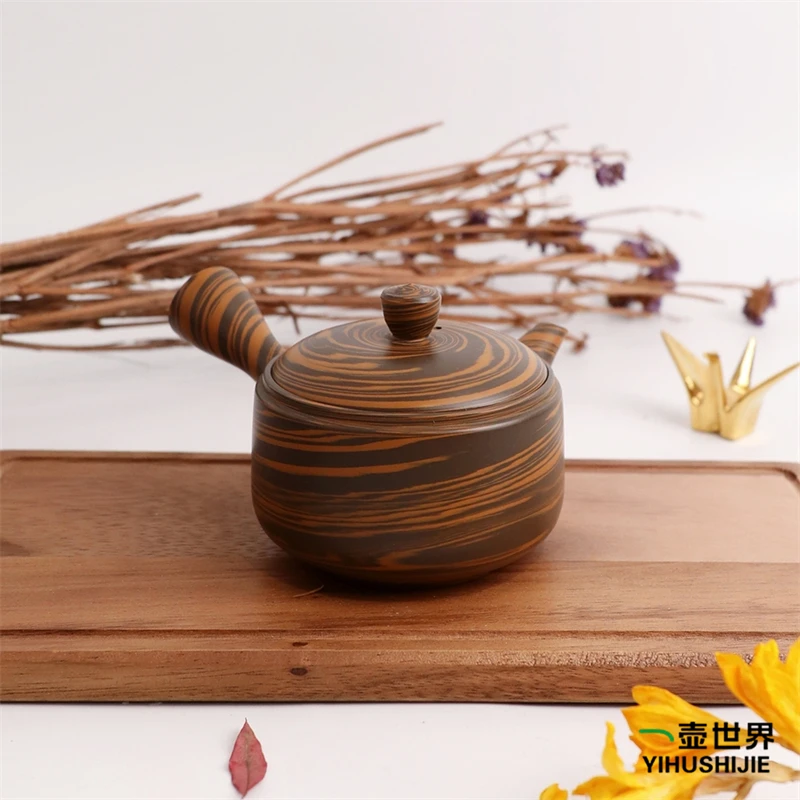 常滑烧急须 玉阳 黄褐绞泥 240ml 纯手工日式侧把陶茶壶现货
