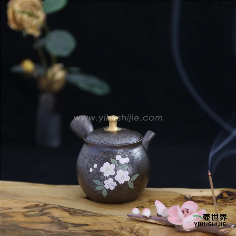 常滑烧急须昭龙07-09朱泥金钮粉樱150ml纯手工日式侧把陶茶壶现货