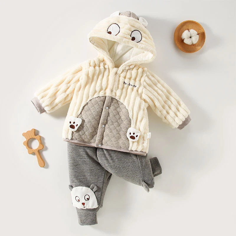 秋冬款婴幼儿连帽分体棉服小熊套装