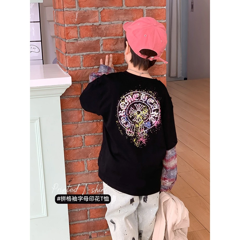 男童长袖T恤休闲打底衫春秋拼格袖字母印花儿童37298