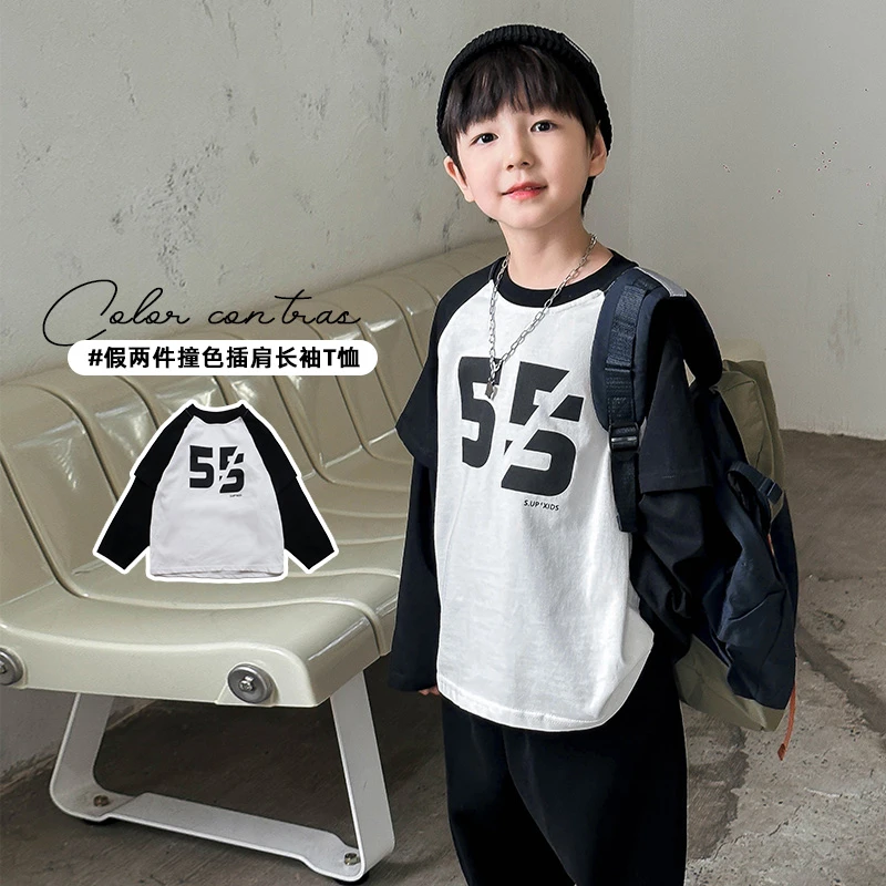 假两件撞色插肩长袖T恤 37496
