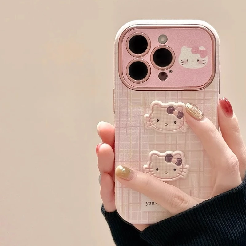 粉色可爱立体kitty猫适用苹果16pro手机壳皮纹大视窗少女17promax