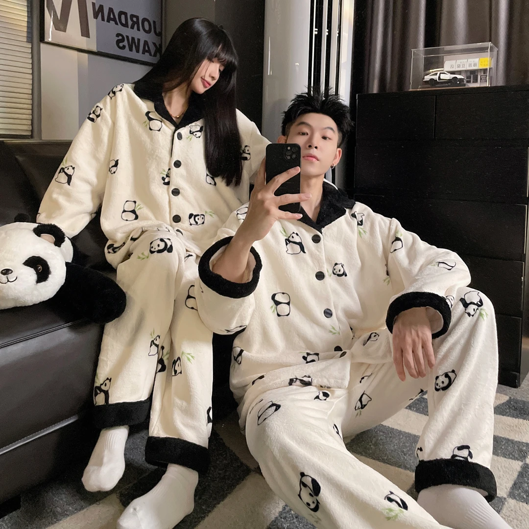 熊猫法兰绒情侣睡衣女秋冬加绒加厚珊瑚绒男士冬天保暖家居服套装