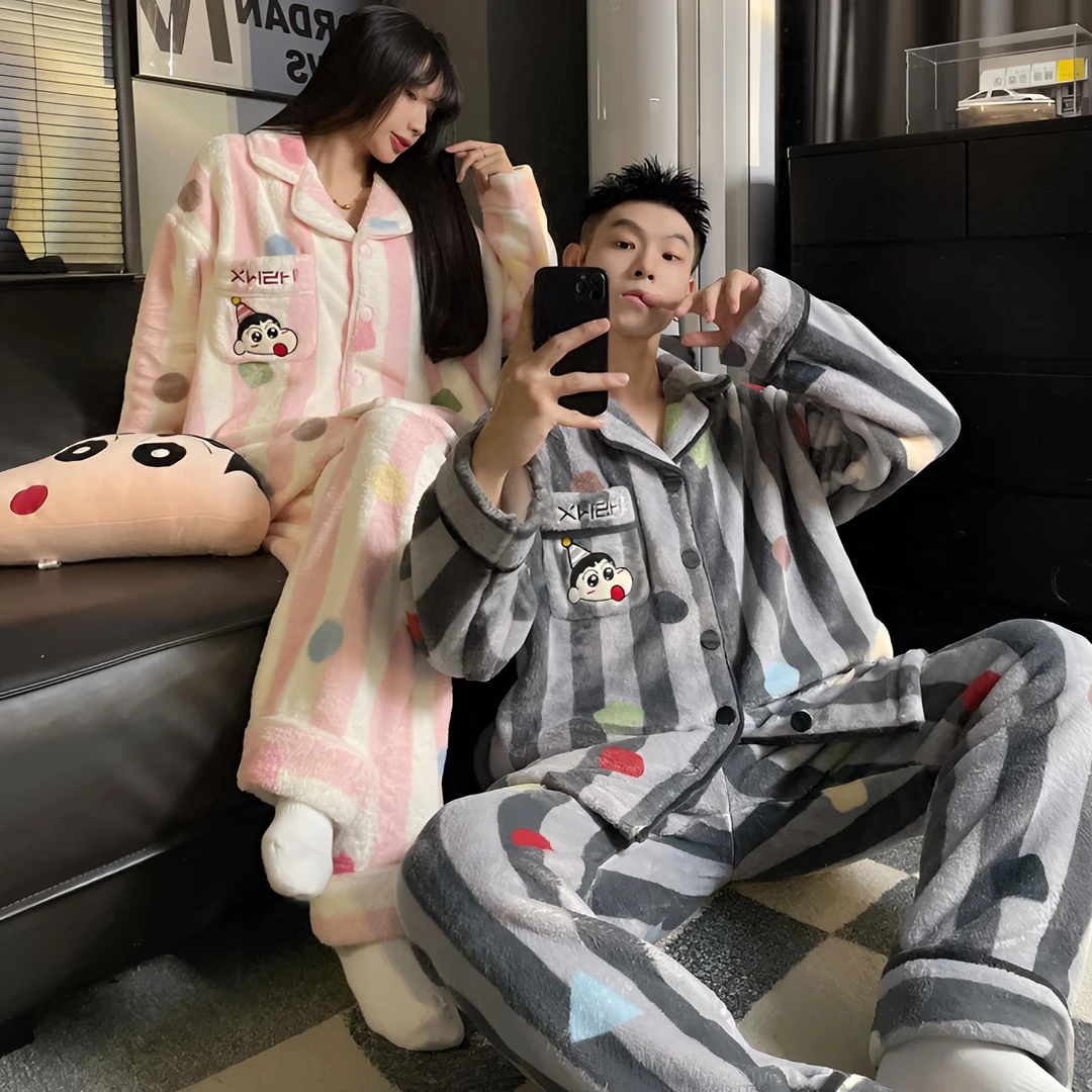 蜡笔小新情侣睡衣秋冬珊瑚绒法兰绒加绒加厚一男一女士保暖家居服