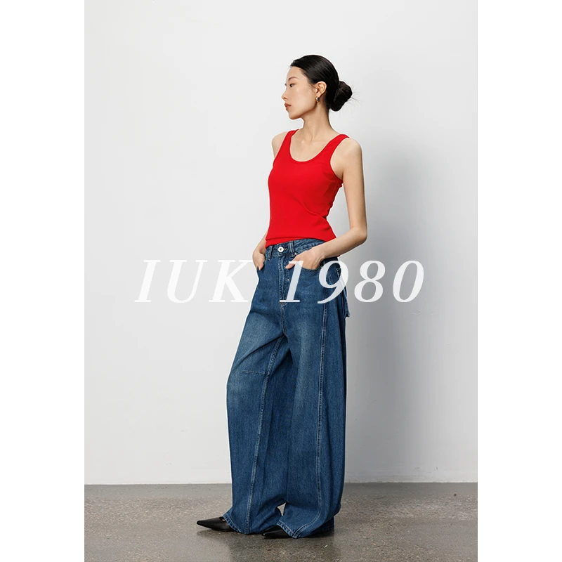 IUK/尤库香蕉裤复古高街设计款女士直筒牛仔高腰宽松显瘦堆堆裤