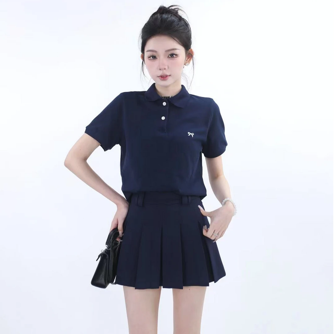 现货【大小姐】夏季透气百搭简约风蝴蝶刺绣POLO领女衬衫学院显瘦