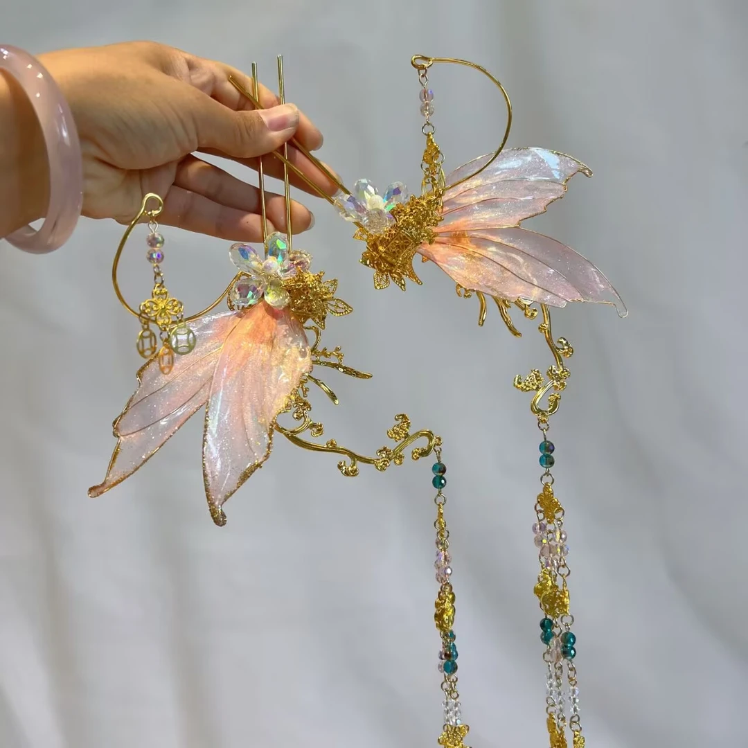 新款古风粉蝴蝶发钗头饰美人鱼超仙发钗中国风长流苏发饰发簪配饰