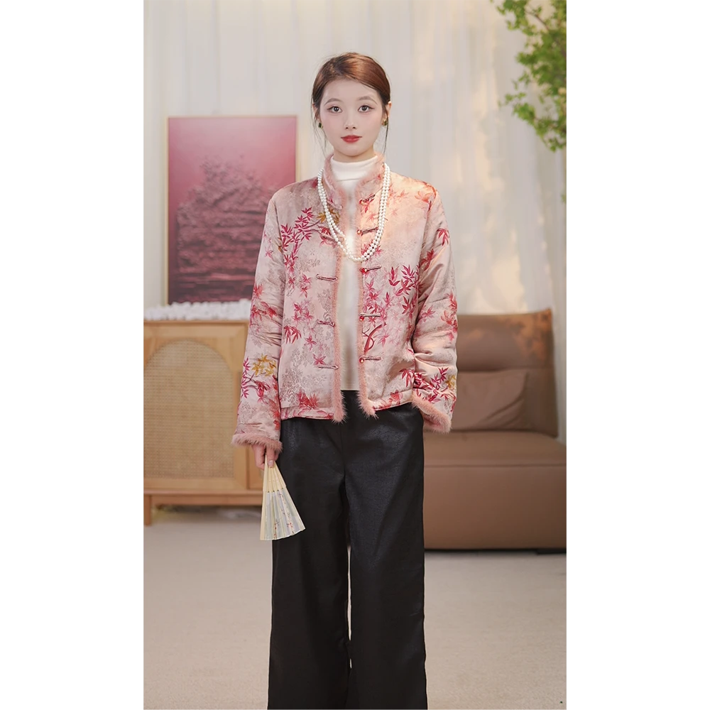 枫叶提花国风棉服外套女冬款新中式复古立领加厚宽松棉衣女