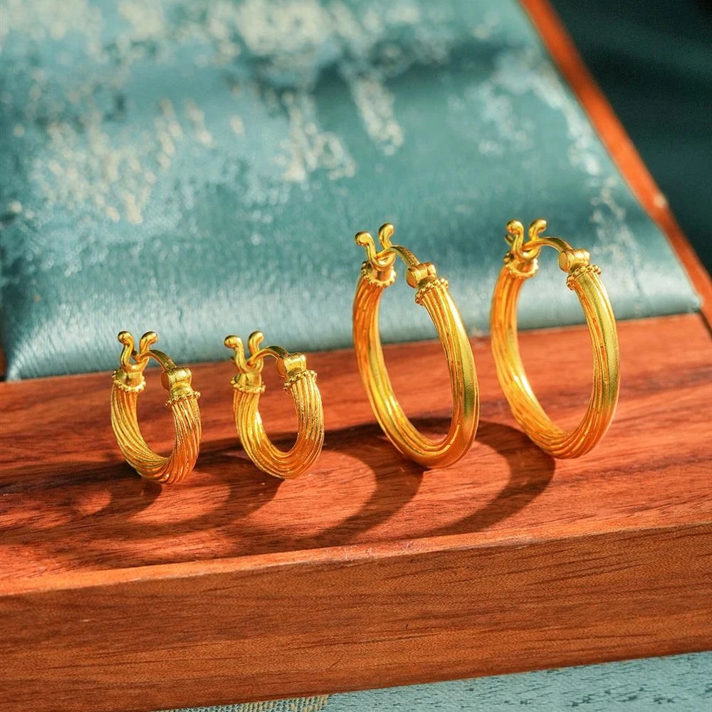 ZOCAI/佐卡伊古法金光年港风花丝编织黄金耳环E02838