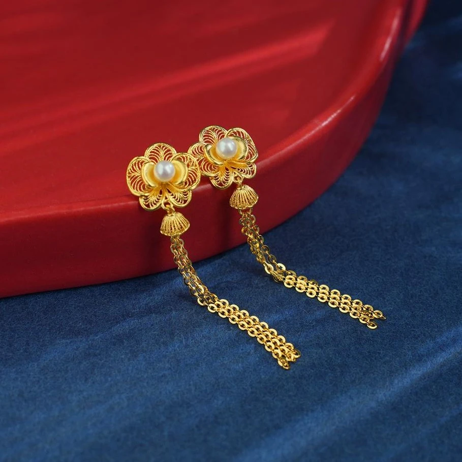 ZOCAI/佐卡伊古法黄金 足金 镶珍珠 花丝牡丹流苏耳饰  E02843