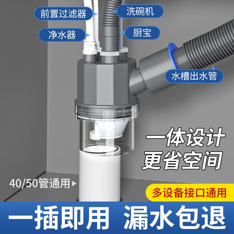 厨房下水管三通前置过滤器排水管水槽洗碗机净水器多功能接头五通