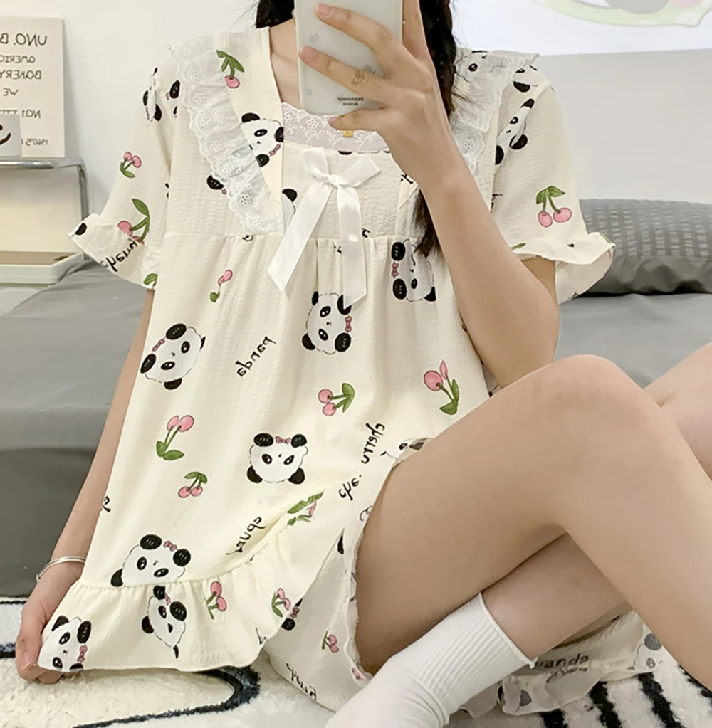 夏季V领泡泡棉短袖睡衣两件套薄宽松套装短裤家居服女甜美可爱