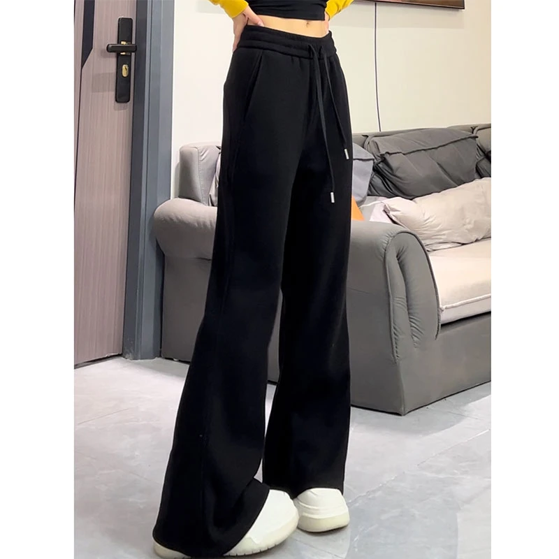 简约抽绳微辣裤女2025冬季新款双面加绒百搭宽松慵懒休闲长卫裤
