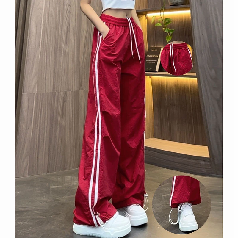 美式复古条纹撞色两条杆显瘦工装裤女装薄款高腰抽绳运动裤阔腿裤