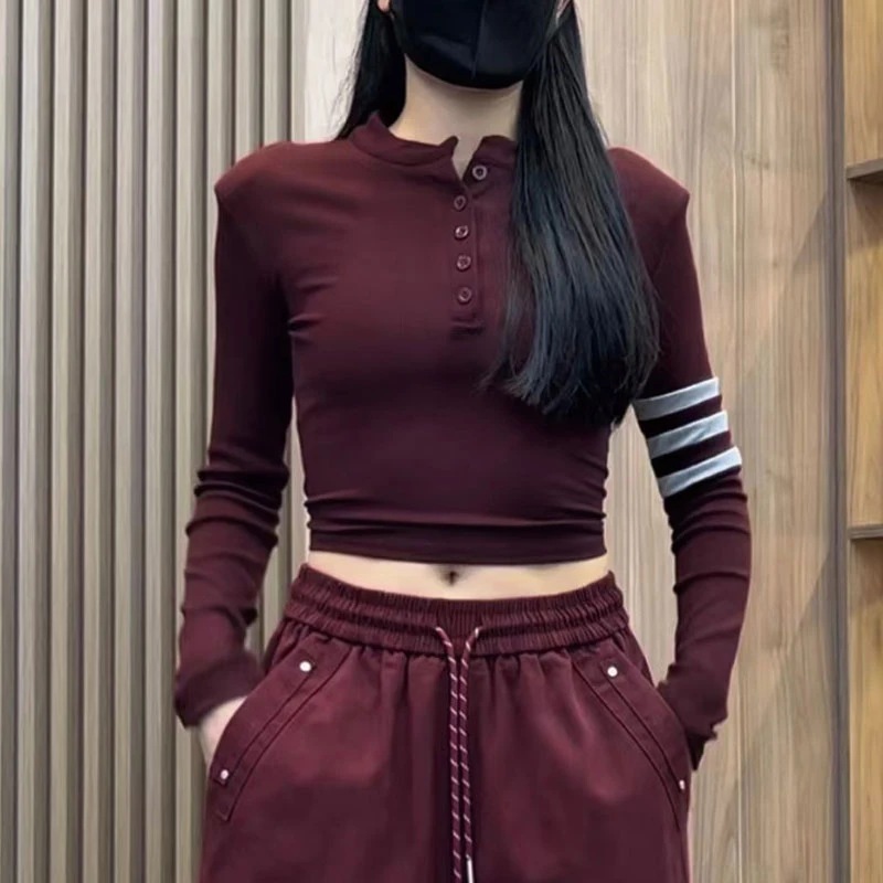 2025春秋韩系拼色袖子设计T恤弹力紧身辣妹打底衫洋气长袖上衣女