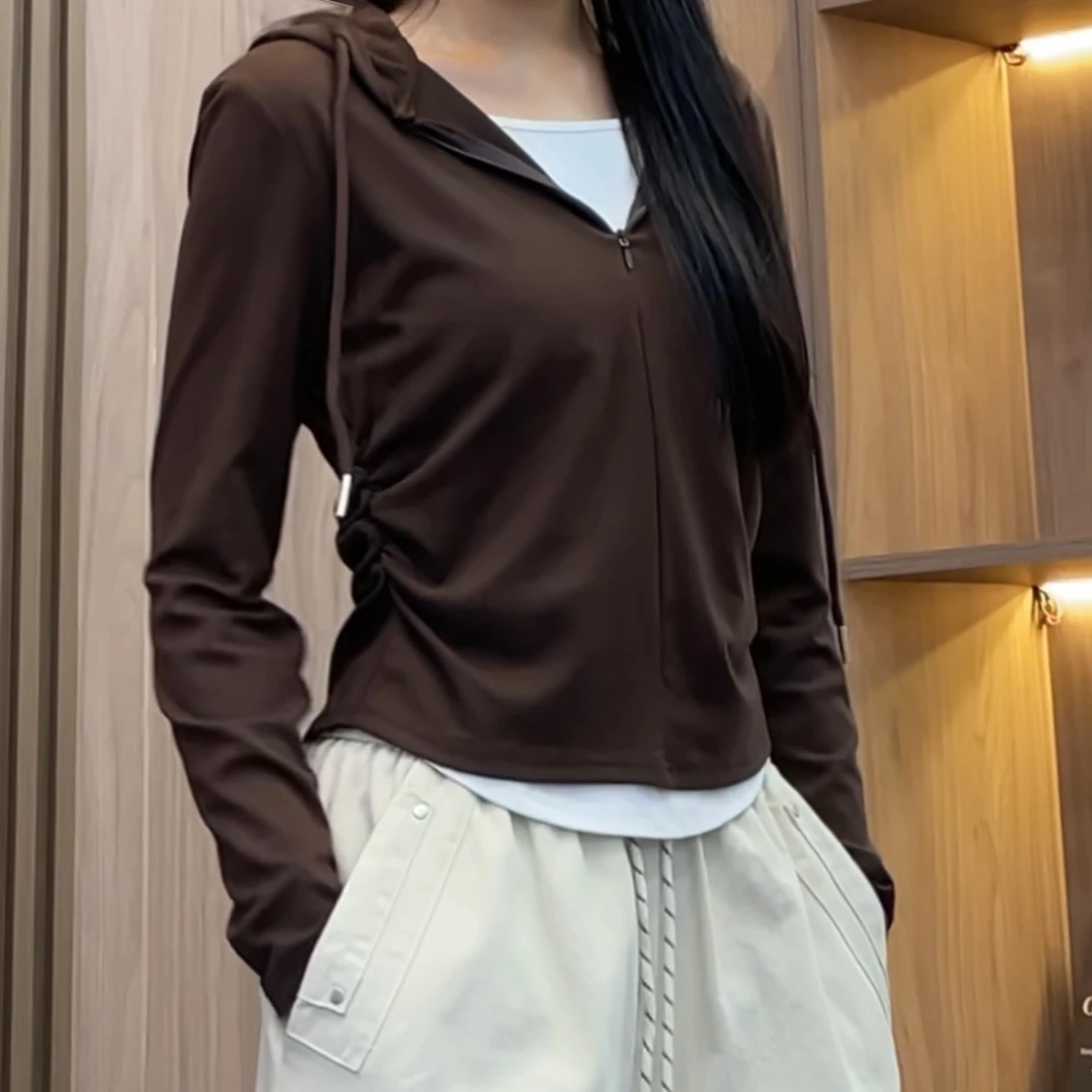 秋季新款时尚拼接撞色长袖t恤女假两件拉链设计修身显瘦打底上衣