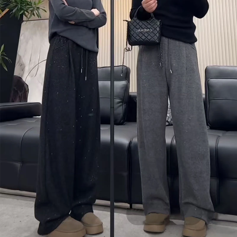 加绒加厚亮片垂感休闲裤女2025冬季新款宽松高腰抽绳保暖阔腿长裤