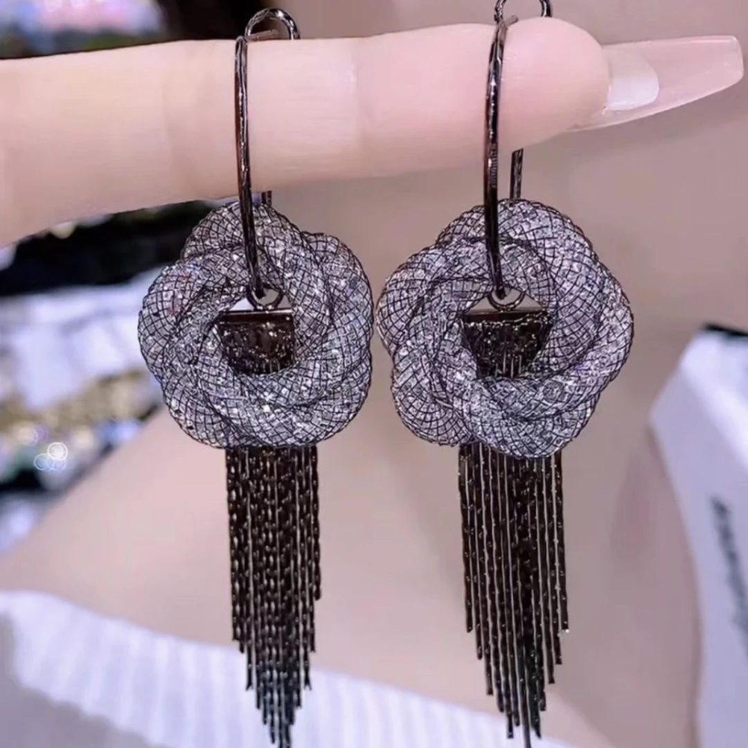 铜合金合成锆石耳饰  镂空网状圈圈长款流苏耳环超仙夸张气质耳饰