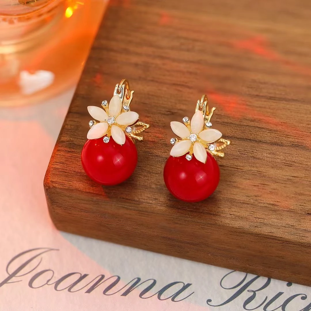 铜合金合成锆石耳饰 新款时尚轻奢高级优雅气质花朵珠双面耳F-251