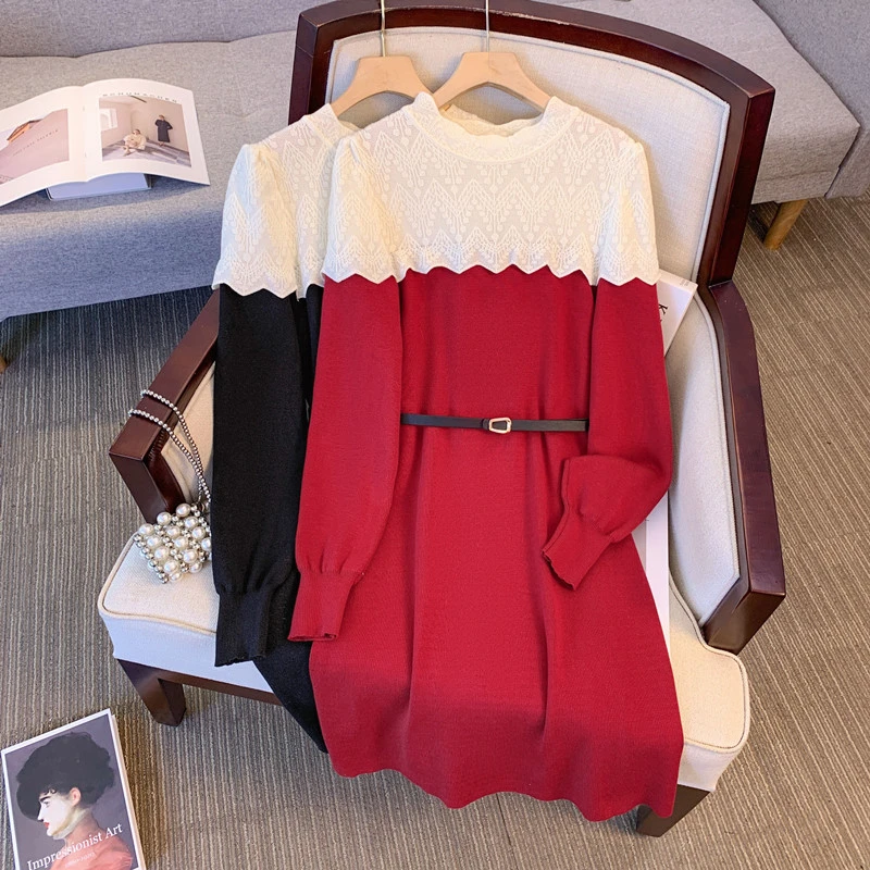 大码女秋冬胖mm撞色蕾丝拼接气质针织连衣裙收腰显瘦打底毛衣裙子