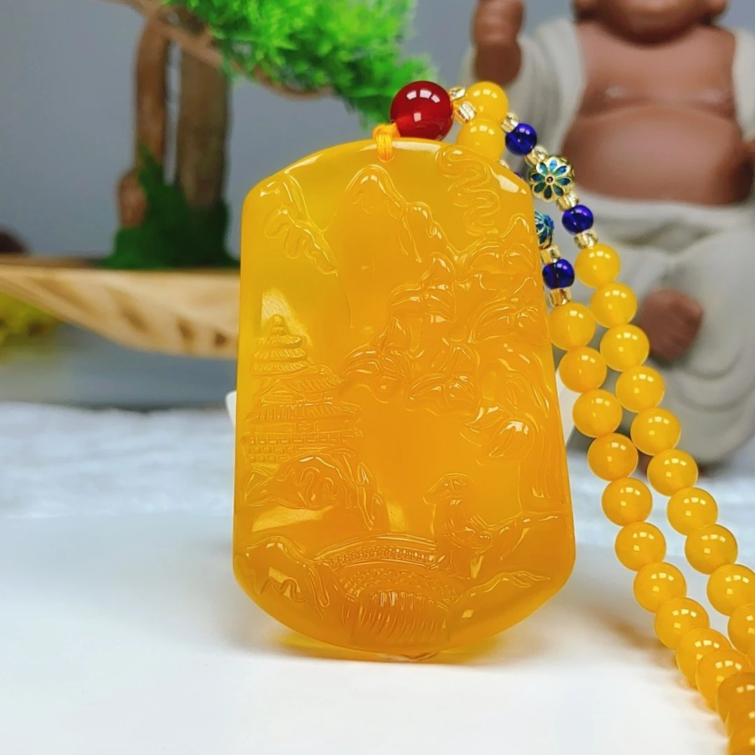 【山水牌】满蜜鸡油黄山水牌吊坠 方形山水珠宝项链吊坠带证书礼盒1