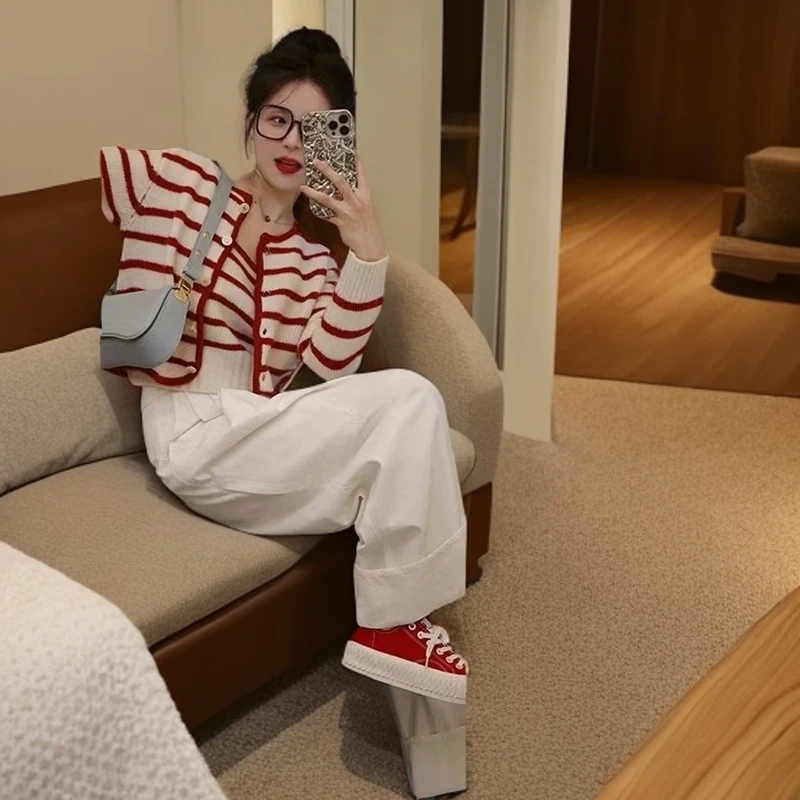 2024秋季新款盐系穿搭针织开衫+吊带+休闲长裤时尚显瘦三件套女