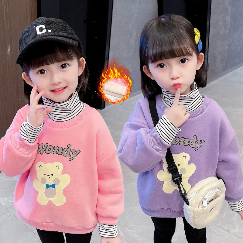 女童加绒加厚卫衣中小童加绒打底衫韩版洋气女宝宝棉上衣2023秋冬