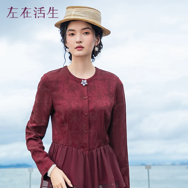 生活在左2023秋冬新品酒红提花显瘦复古女士衬衫衬衣女1933269
