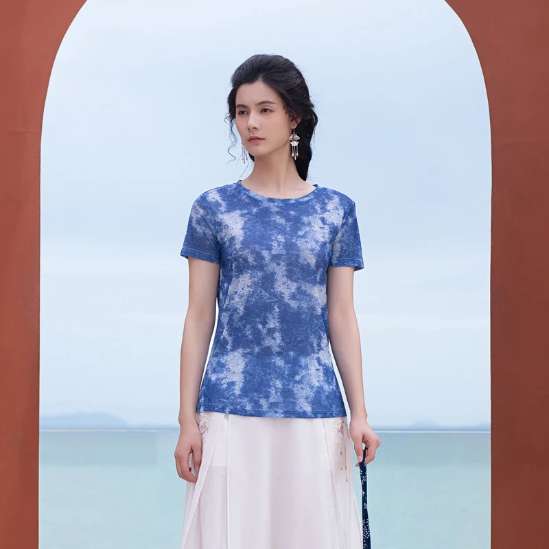 生活在左2024春夏新品晕染印花宽松显瘦百搭短袖T恤女1942478夏季