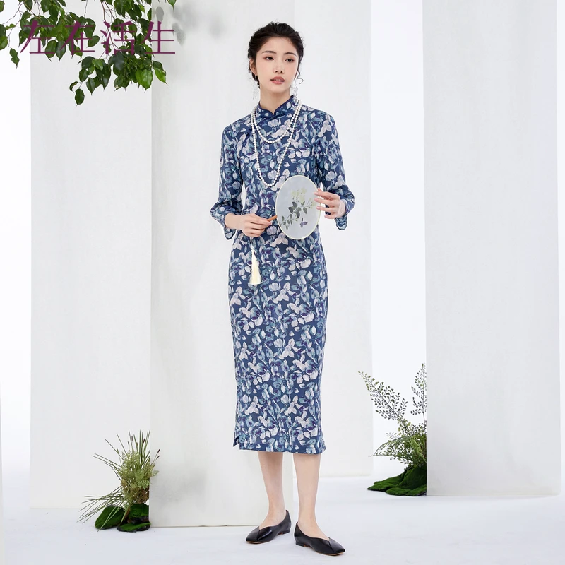 生活在左2023春夏新品蓝色印花复古气质优雅旗袍女1931251碎花