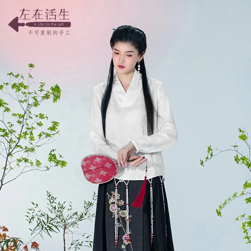复古新汉服交襟V领百搭汉元素衬衫上衣生活在左新品白色1921009