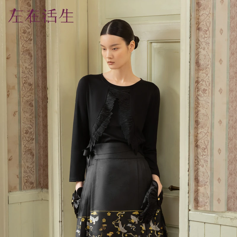 生活在左棉混纺T恤飞片复古气质百搭新品长袖上衣女1941161黑色..