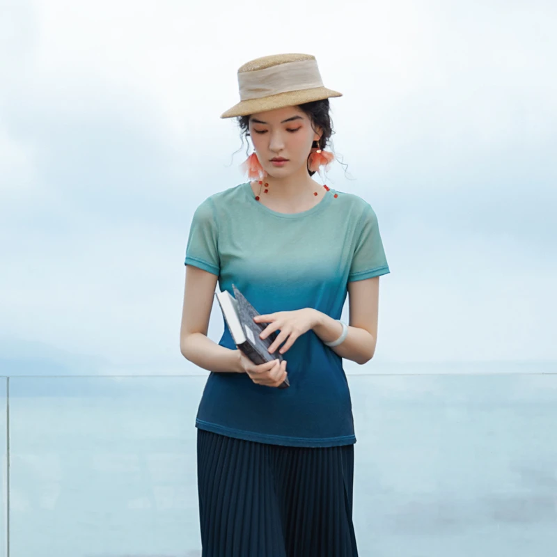 生活在左主2023春夏新品青绿色休闲圆领宽松短袖T恤上衣女1932304