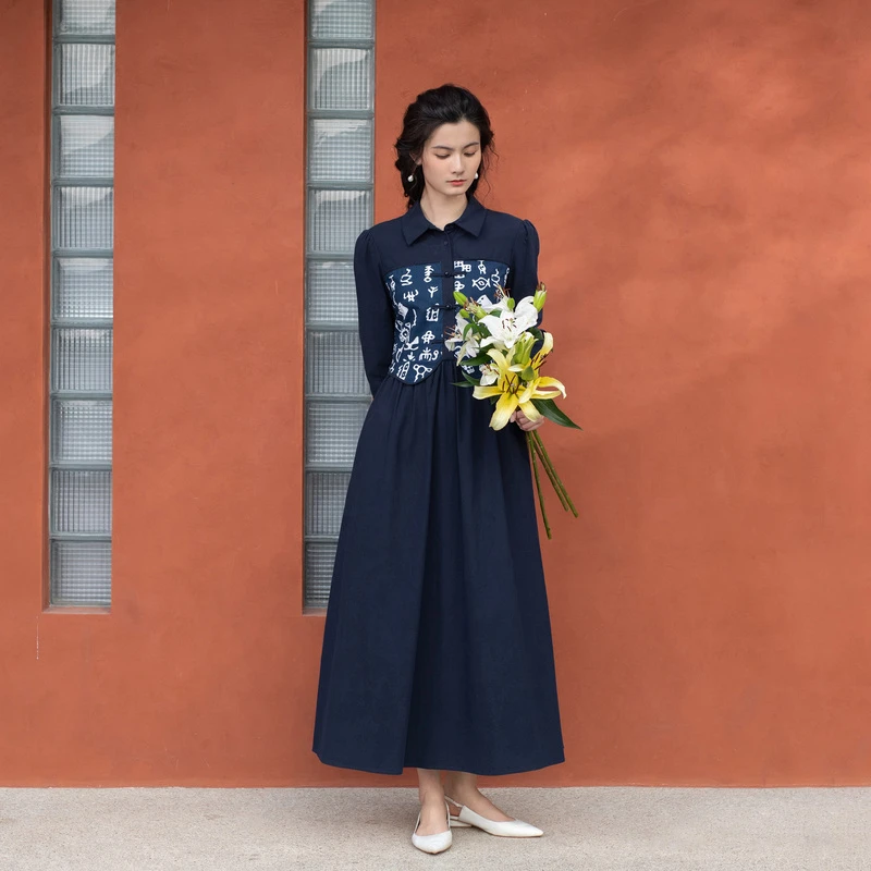 生活在左2024春夏新品100%棉传统印花复古连衣裙女1942352气质款.