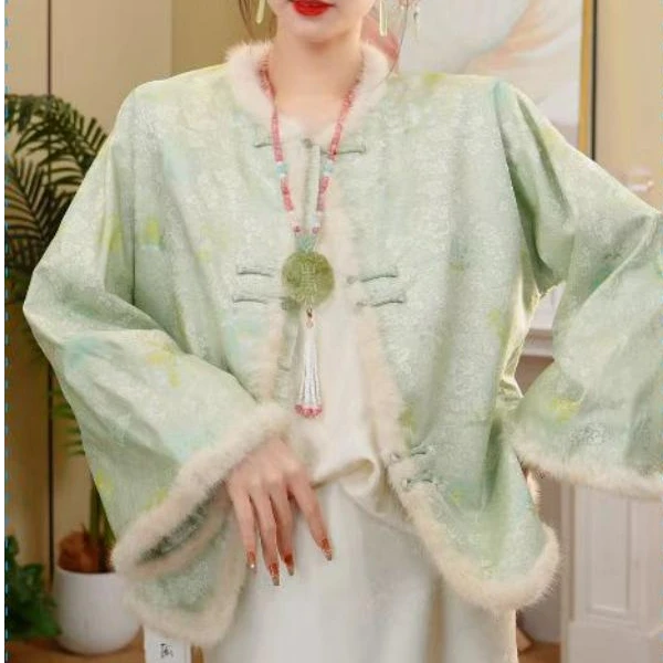 【玉锦莨纱】异色螺毛领丝棉服新中式重工上衣2024c6535-七月