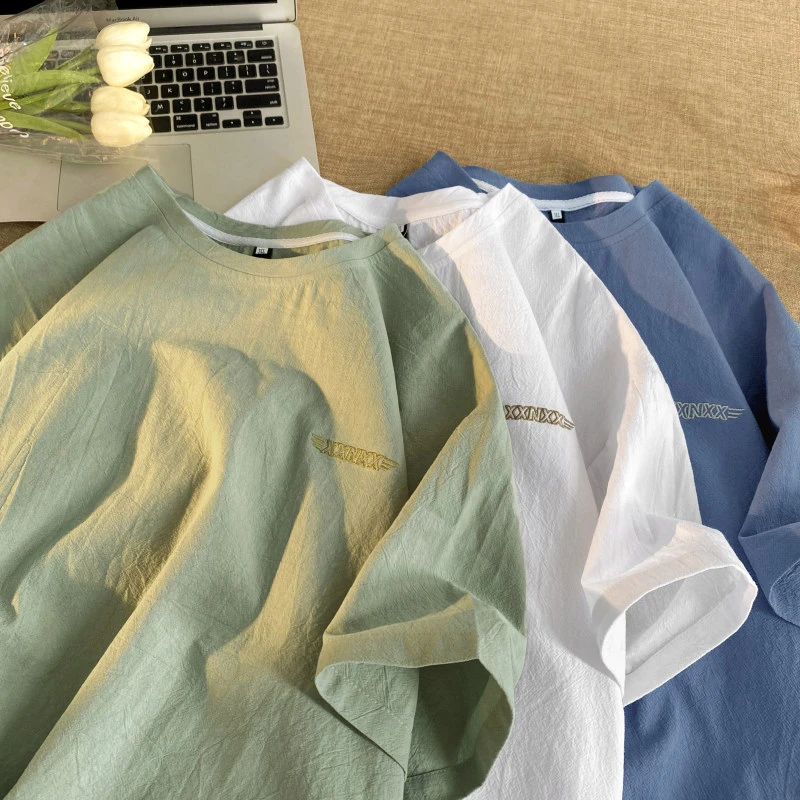 棉麻速干刺绣短袖t恤男重磅夏情侣绿色棉麻中国风潮牌宽松五分袖