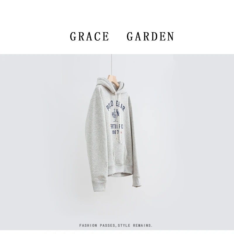 GRACE GARDEN【雪花熊！】加绒连帽字母印花刺绣宽松卫衣NT4K1103