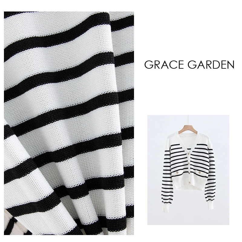 GRACE GARDEN【变奏曲!】V领简约条纹灯笼袖开衫针织衫ZZS3D2454