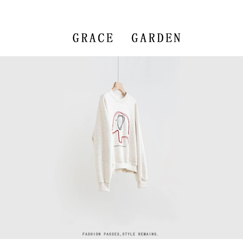 GRACE GARDEN【大象卫衣！】圆领简笔画大象刺绣休闲卫衣NT4I0705