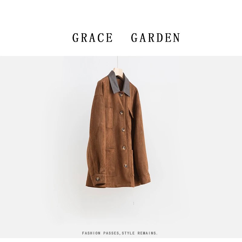 GRACE GARDEN【复古之旅！】反绒翻领撞色拼接皮潮流外套MF4H2707