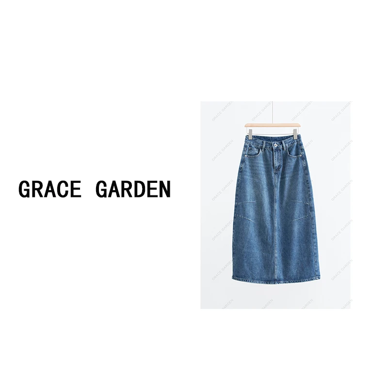 GRACE GARDEN【335号】胡须牛仔！水洗高腰开叉A字半身裙YQ4A1651