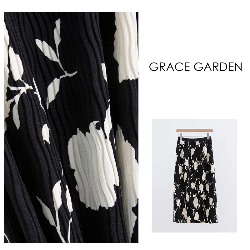 GRACE GARDEN【黑玫瑰！】时尚印花波浪压皱百褶半身裙YQ3D2958