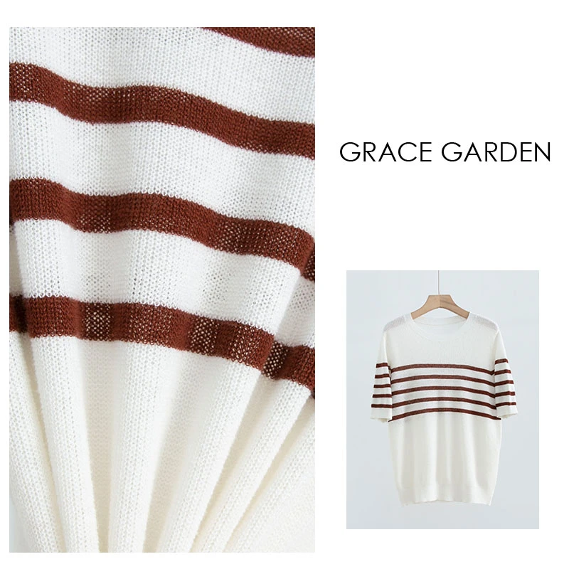 GRACE GARDEN圆领宽松套头条纹短袖针织衫ZZS3D2401