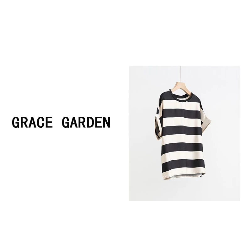 GRACE GARDEN【夹心奥利奥！】宽松圆领条纹袖口翻边短袖T恤NT4F1802