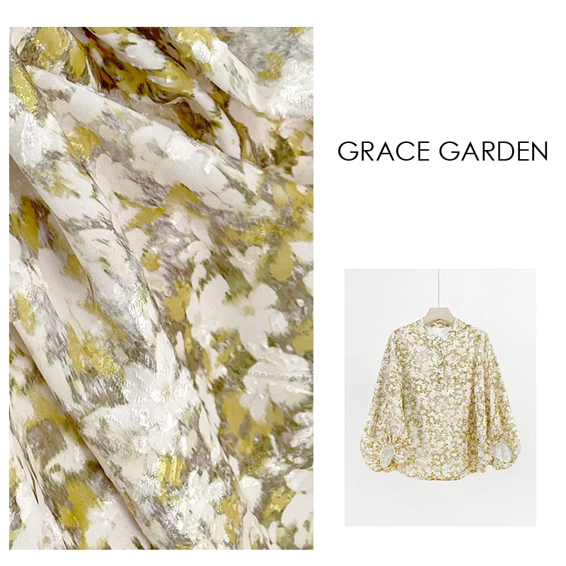 GRACE GARDEN【梵高！】圆领半扣灯笼袖花衬衫NCY3C1558