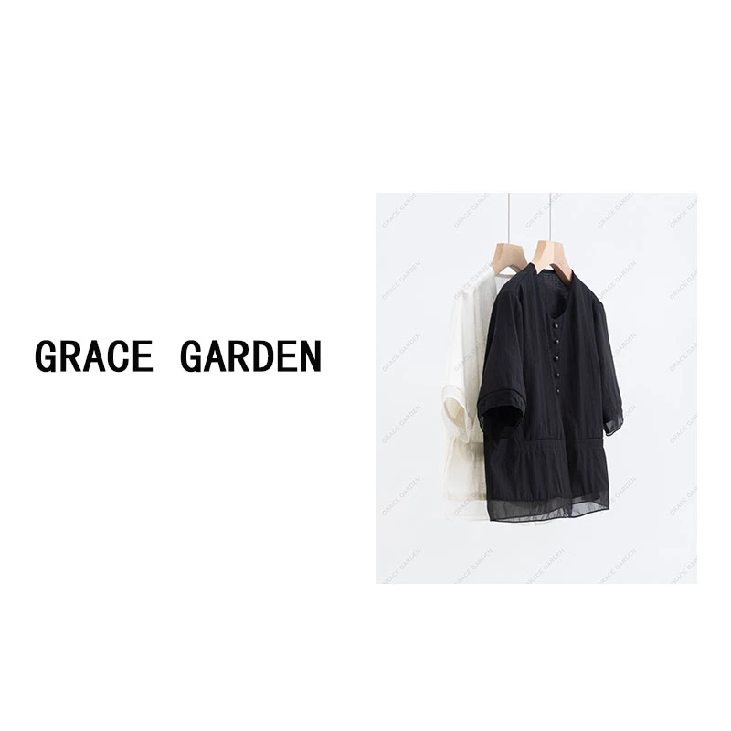 GRACE GARDEN【小珍珠！】法式珍珠扣拼接网纱边衬衫NCY4E2808